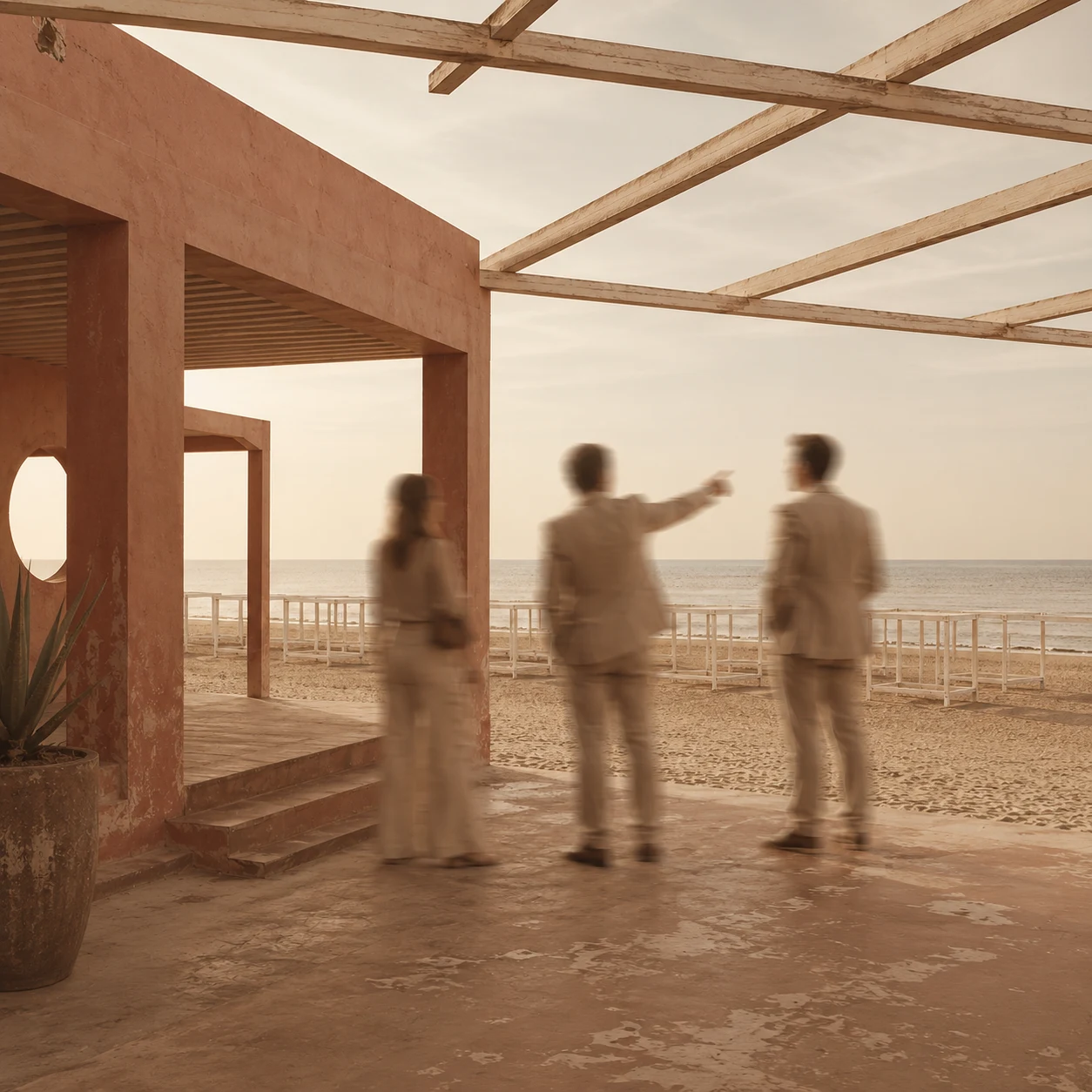 Sopralluogo del team Lunora sotto la pergola di uno stabilimento balneare in Versilia, con il litorale sullo sfondo — fase di acquisizione